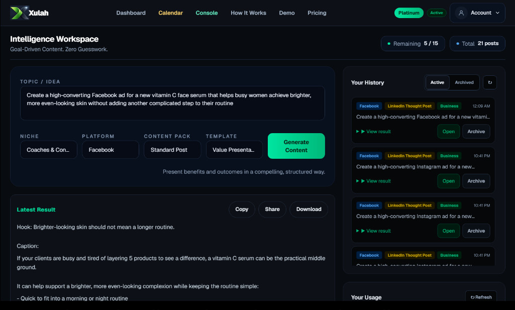 Real Xulah Intelligence Workspace showing topic input, context controls, generation button and content result.